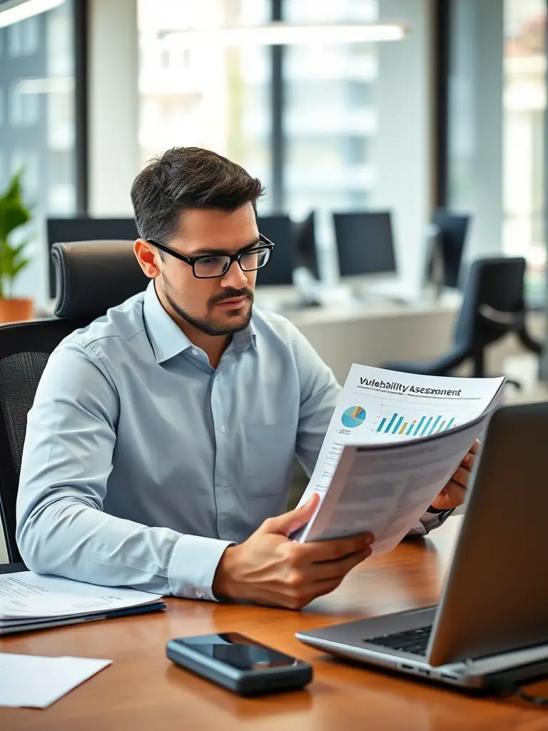 A security analyst reviewing a vulnerability assessment report, highlighting the importance of identifying and prioritizing security gaps.