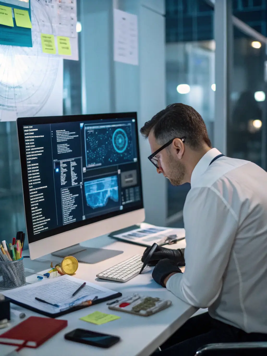 An image depicting a forensic investigator analyzing digital evidence on multiple screens.