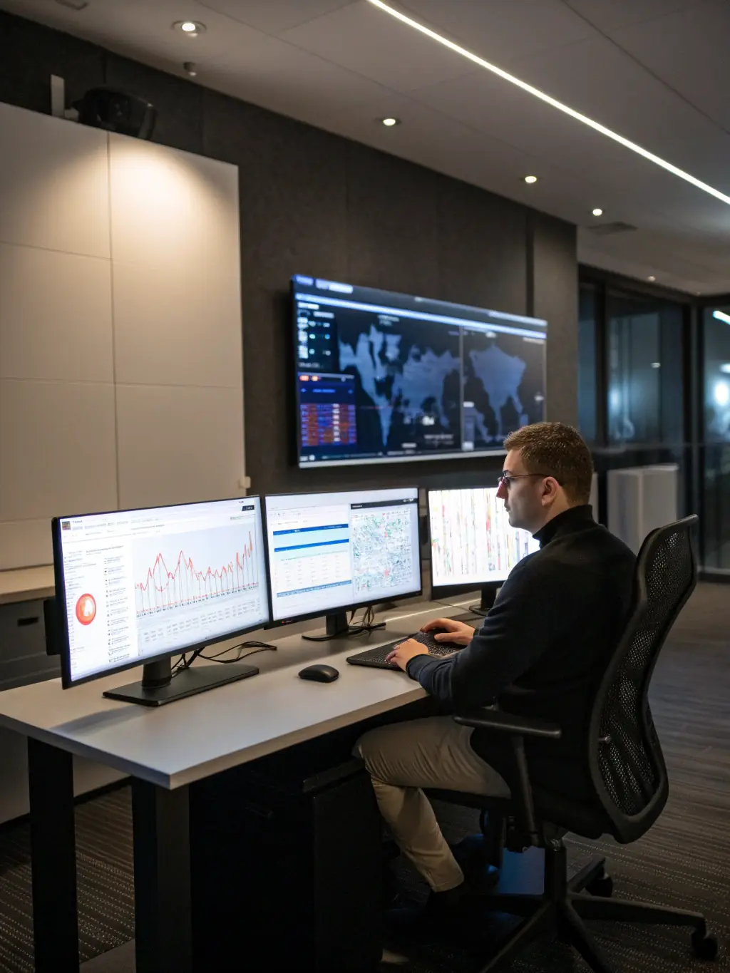 A security operations center (SOC) analyst monitoring network traffic for threats, illustrating the continuous monitoring aspect of managed detection and response.