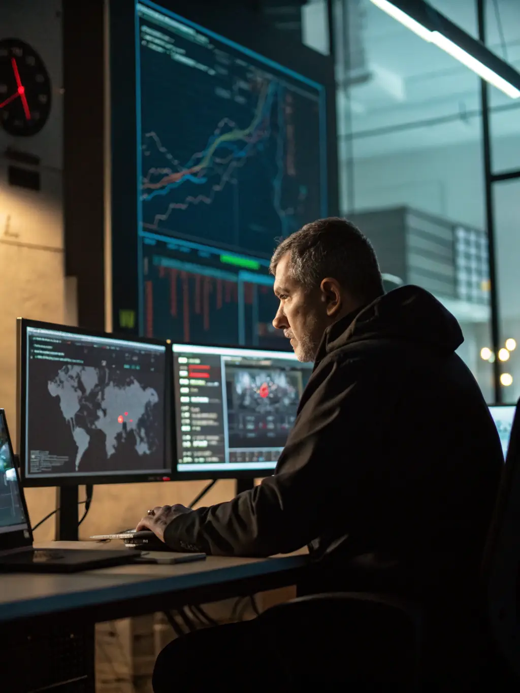 An image of a security operations center (SOC) with analysts monitoring multiple screens.